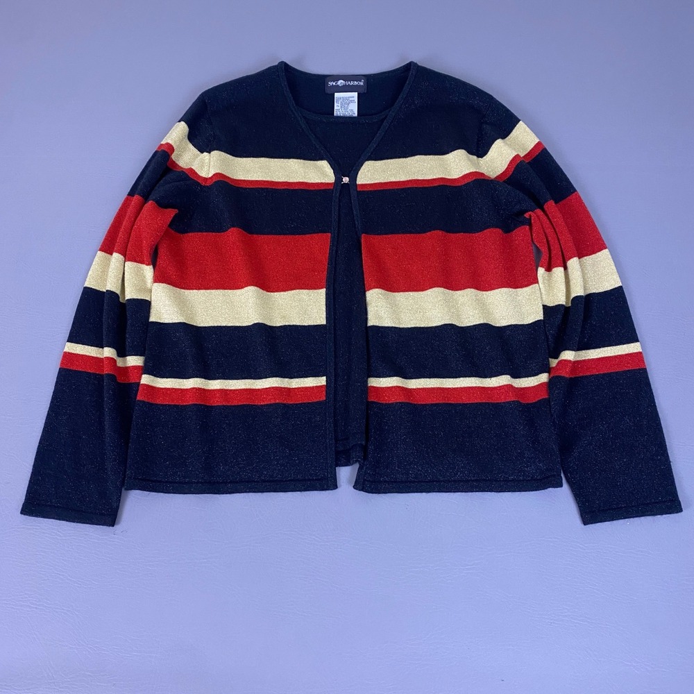 Sag Harbor Cardigan Women's Size Large Navy Red Gold Metallic Striped Sweater